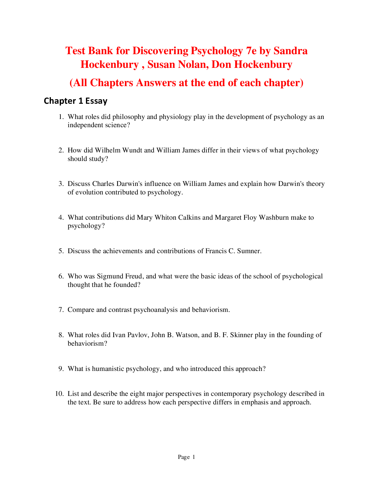 Recommended document preview for Discovering Psychology 7e by Sandra Hockenbury, Susan Nolan, Don Hockenbury (Test Bank)